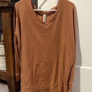 Zenana Outfitters Rust V-Neck Waffle Knit Top